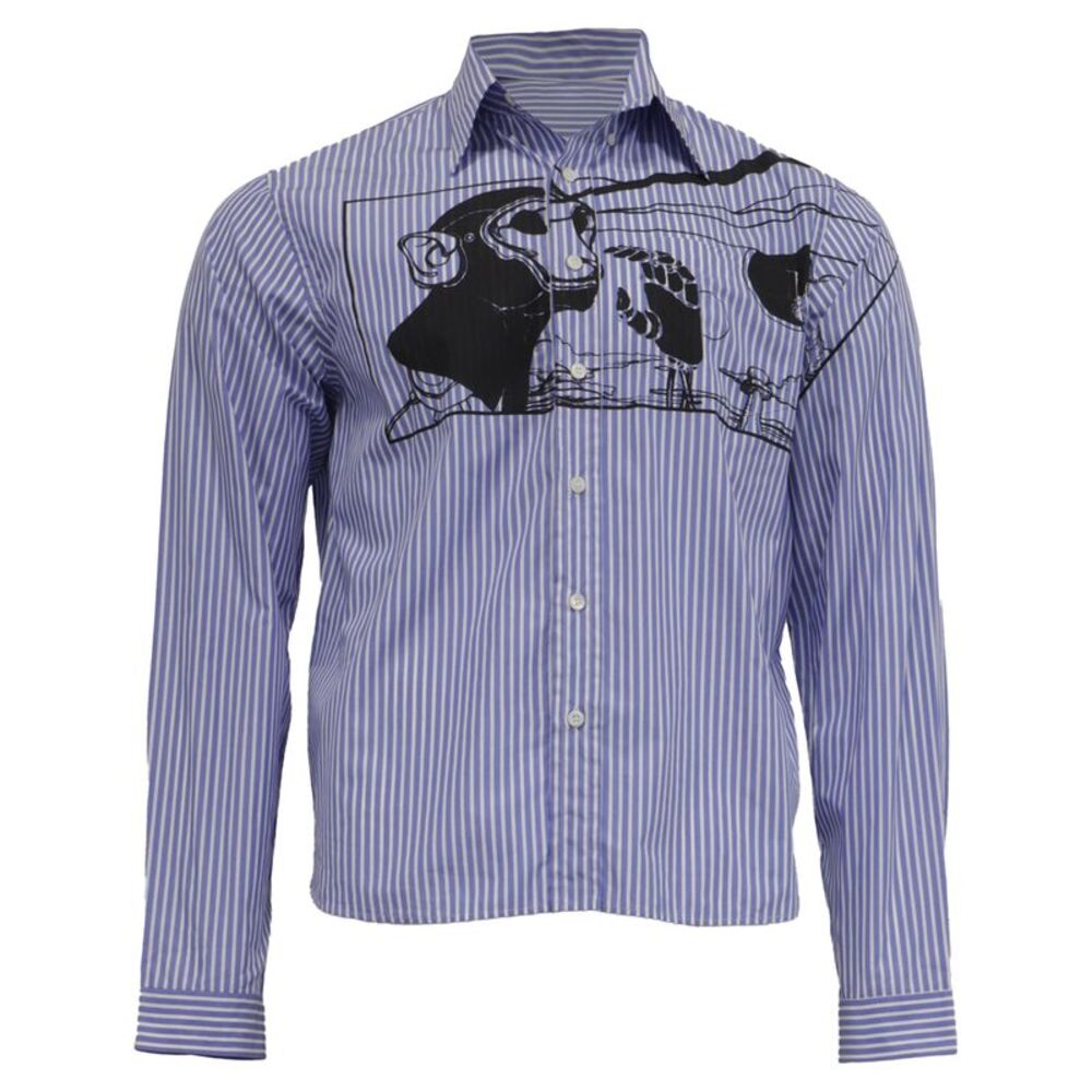 Prada Striped Monkey-Print Shirt in Blue Cotton